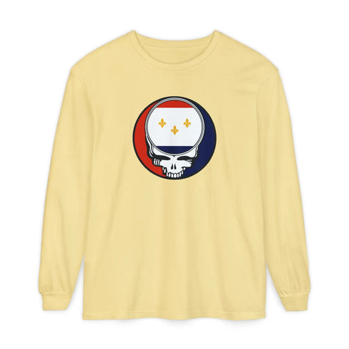 Grateful Dead - New Orleans Flag Stealie Garment-Dyed Long Sleeve T-Shirt - StealieShop
