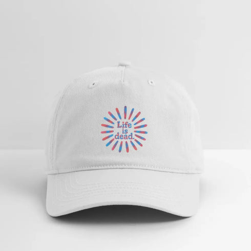Life is dead. Red & Blue TieDye Sunburst Grateful Dead Stealie Dad Hat - white