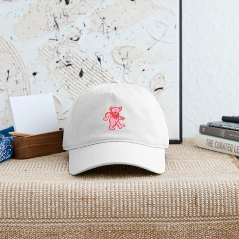 Pink Dancing Bear Grateful Dead Stealie Dad Hat - white