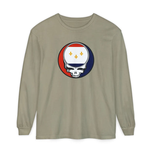 Grateful Dead - New Orleans Flag Stealie Garment-Dyed Long Sleeve T-Shirt - StealieShop