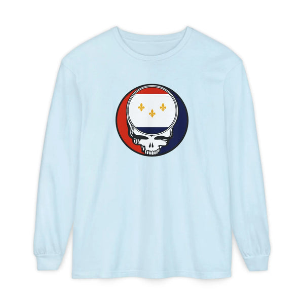 Grateful Dead - New Orleans Flag Stealie Garment-Dyed Long Sleeve T-Shirt - StealieShop