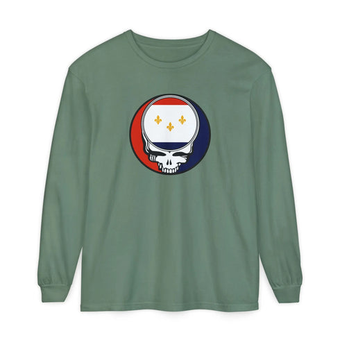 Grateful Dead - New Orleans Flag Stealie Garment-Dyed Long Sleeve T-Shirt - StealieShop