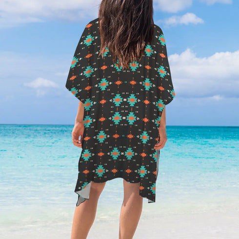 Grateful Dead - Black Turquoise Orange Aztec Duster Kimono Coverup - StealieShop