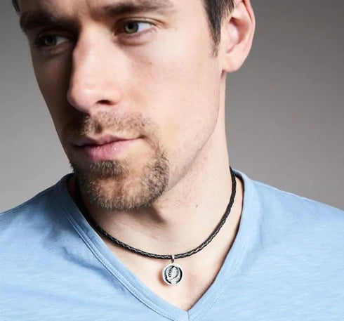 Grateful Dead - Steal Your Face Sterling Silver Charm Woven Leather Necklace - StealieShop