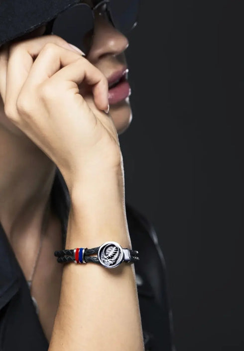 Grateful Dead - Steal Your Face Sterling Silver, Blue and Red Enamel & Leather Bracelet - StealieShop