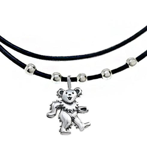 Grateful Dead - Dancing Bear Sterling Silver Beads & Thin Leather Necklace - StealieShop