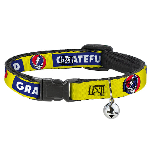 Grateful Dead - Breakaway Cat Collar with Bell - GRATEFUL DEAD Text Box and Steal Your Face Logo Yellow/Blue/White - StealieShop