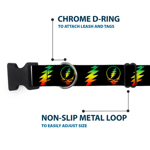 Grateful Dead - Plastic Clip Collar - Steal Your Face w/Lightning Bolt Repeat Black/Rasta - StealieShop