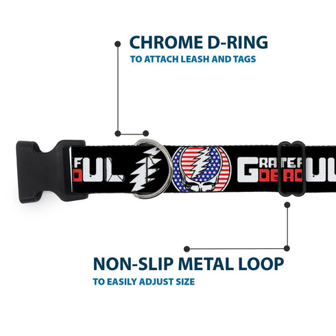 Grateful Dead - Plastic Clip Collar - GRATEFUL DEAD Text with Steal Your Face Stars and Stripes Logo Black/White/Red/Blue - StealieShop