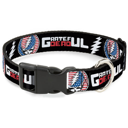 Grateful Dead - Plastic Clip Collar - GRATEFUL DEAD Text with Steal Your Face Stars and Stripes Logo Black/White/Red/Blue - StealieShop