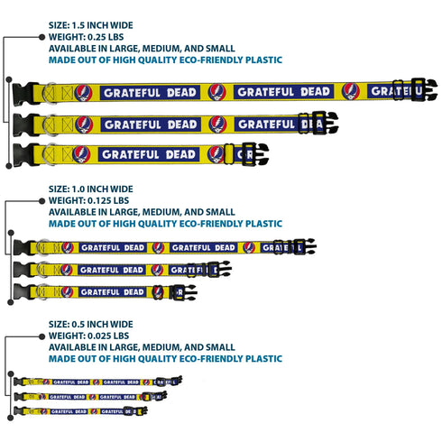 Grateful Dead - Plastic Clip Collar - GRATEFUL DEAD Text Box and Steal Your Face Logo Yellow/Blue/White - StealieShop