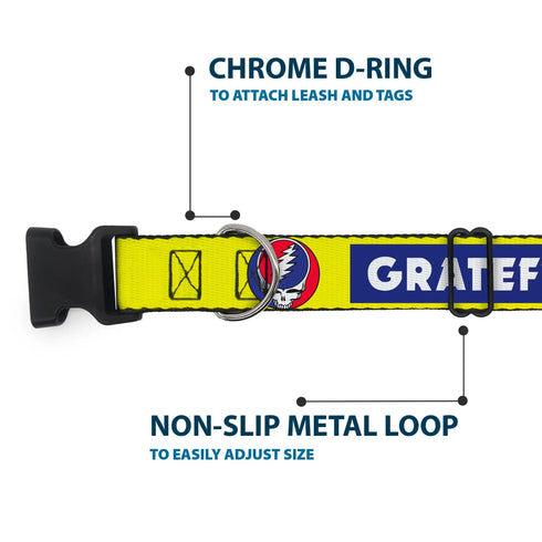 Grateful Dead - Plastic Clip Collar - GRATEFUL DEAD Text Box and Steal Your Face Logo Yellow/Blue/White - StealieShop