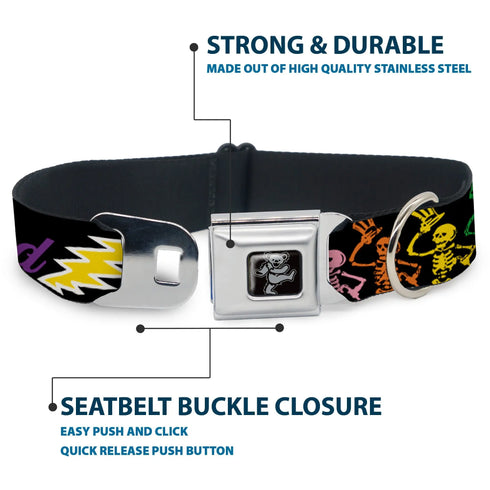 Grateful Dead - Dancing Bear Black/Silver Seatbelt Buckle Collar - Grateful Dead Script w/Bears & Skeletons Black/Multi Color - StealieShop