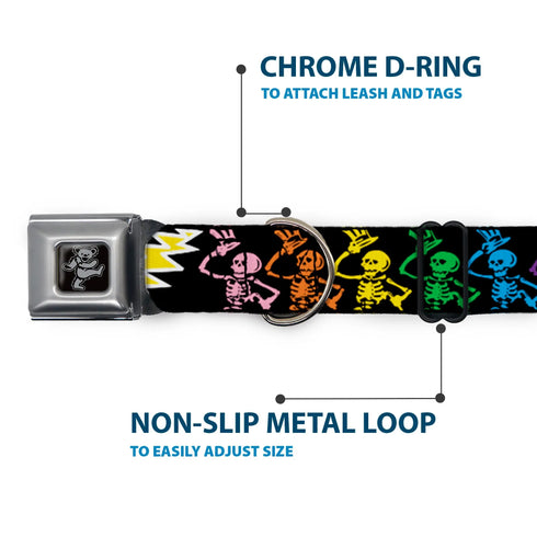 Grateful Dead - Dancing Bear Black/Silver Seatbelt Buckle Collar - Grateful Dead Script w/Bears & Skeletons Black/Multi Color - StealieShop