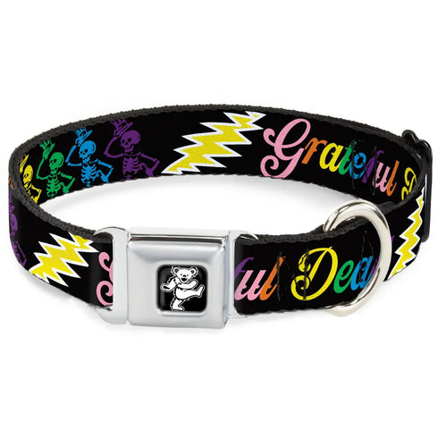 Grateful Dead - Dancing Bear Black/Silver Seatbelt Buckle Collar - Grateful Dead Script w/Bears & Skeletons Black/Multi Color - StealieShop