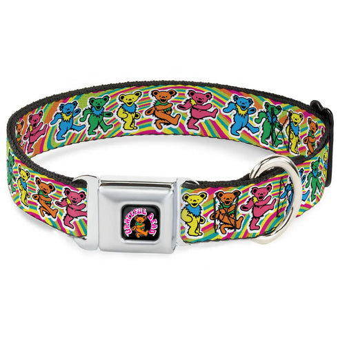 Grateful Dead - GRATEFUL DEAD Dancing Bear Icon Full Color Black/Orange Seatbelt Buckle Collar - Grateful Dead Dancing Bears Swirl Multi Color - StealieShop