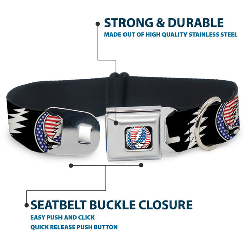 Grateful Dead - Grateful Dead Steal Your Face Stars and Stripes Logo Full Color Black/White/Red/Blue Seatbelt Buckle Collar - GRATEFUL DEAD Text with Steal Your Face Stars and Stripes Logo Black/White/Red/Blue - StealieShop