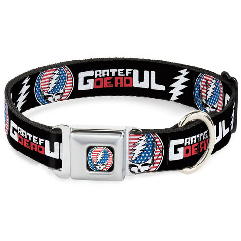 Grateful Dead - Grateful Dead Steal Your Face Stars and Stripes Logo Full Color Black/White/Red/Blue Seatbelt Buckle Collar - GRATEFUL DEAD Text with Steal Your Face Stars and Stripes Logo Black/White/Red/Blue - StealieShop