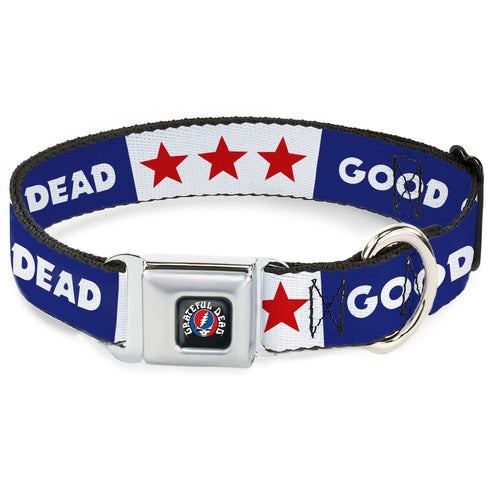 Grateful Dead - GRATEFUL DEAD Text with Steal Your Face Logo Full Color Black Seatbelt Buckle Collar - GOOD OL' GRATEFUL DEAD Text and Stars Blue/White/Red - StealieShop