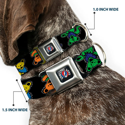 Grateful Dead - GRATEFUL DEAD Text with Steal Your Face Logo Full Color Black Seatbelt Buckle Collar - Grateful Dead Dancing Bears Close-Up Black/Multi Color - StealieShop