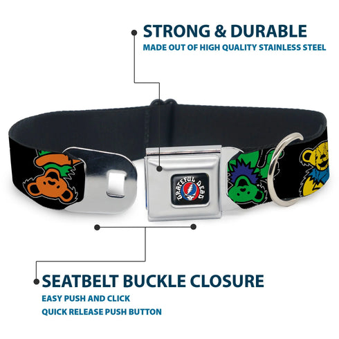 Grateful Dead - GRATEFUL DEAD Text with Steal Your Face Logo Full Color Black Seatbelt Buckle Collar - Grateful Dead Dancing Bears Close-Up Black/Multi Color - StealieShop