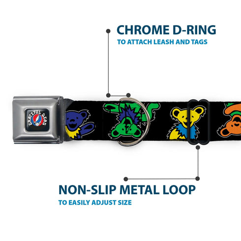 Grateful Dead - GRATEFUL DEAD Text with Steal Your Face Logo Full Color Black Seatbelt Buckle Collar - Grateful Dead Dancing Bears Close-Up Black/Multi Color - StealieShop