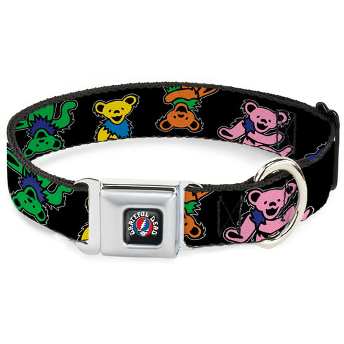 Grateful Dead - GRATEFUL DEAD Text with Steal Your Face Logo Full Color Black Seatbelt Buckle Collar - Grateful Dead Dancing Bears Close-Up Black/Multi Color - StealieShop