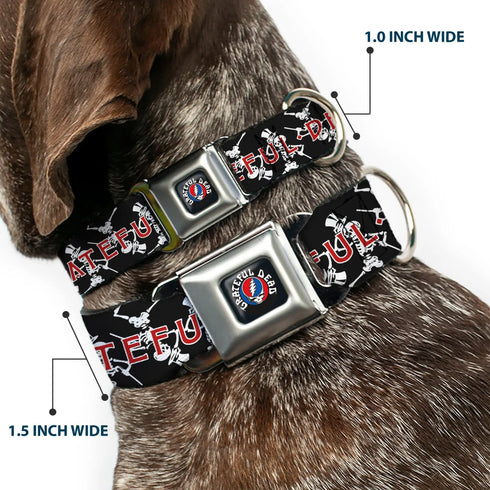 Grateful Dead - GRATEFUL DEAD Text with Steal Your Face Logo Full Color Black Seatbelt Buckle Collar - GRATEFUL DEAD Dancing Skeletons and Text Black/White/Red - StealieShop