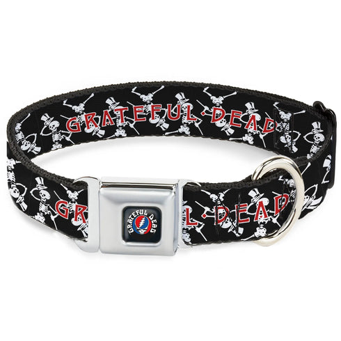 Grateful Dead - GRATEFUL DEAD Text with Steal Your Face Logo Full Color Black Seatbelt Buckle Collar - GRATEFUL DEAD Dancing Skeletons and Text Black/White/Red - StealieShop
