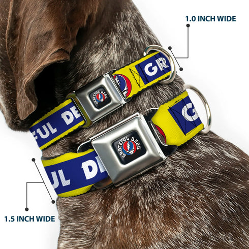 Grateful Dead - GRATEFUL DEAD Text with Steal Your Face Logo Full Color Black Seatbelt Buckle Collar - GRATEFUL DEAD Text Box and Steal Your Face Logo Yellow/Blue/White - StealieShop