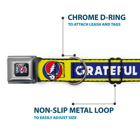 Grateful Dead - GRATEFUL DEAD Text with Steal Your Face Logo Full Color Black Seatbelt Buckle Collar - GRATEFUL DEAD Text Box and Steal Your Face Logo Yellow/Blue/White - StealieShop