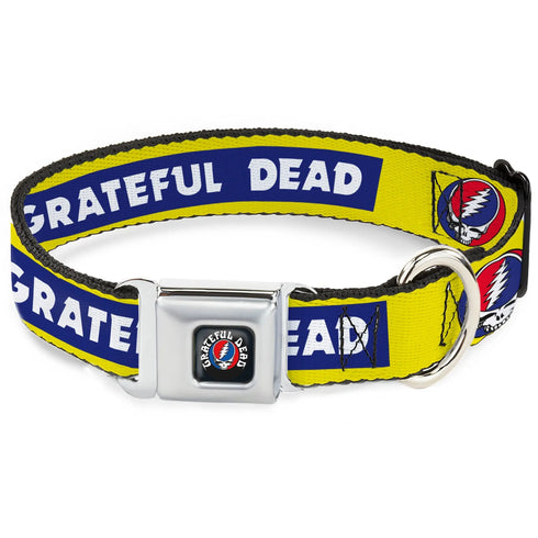 Grateful Dead - GRATEFUL DEAD Text with Steal Your Face Logo Full Color Black Seatbelt Buckle Collar - GRATEFUL DEAD Text Box and Steal Your Face Logo Yellow/Blue/White - StealieShop