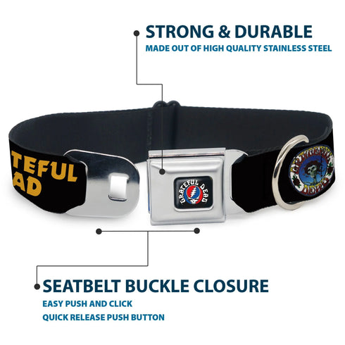 Grateful Dead - GRATEFUL DEAD Text with Steal Your Face Logo Full Color Black Seatbelt Buckle Collar - GRATEFUL DEAD Text and Skull and Roses Round Logo Black/Yellow - StealieShop