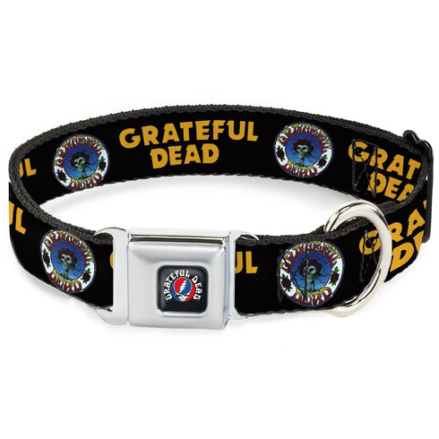 Grateful Dead - GRATEFUL DEAD Text with Steal Your Face Logo Full Color Black Seatbelt Buckle Collar - GRATEFUL DEAD Text and Skull and Roses Round Logo Black/Yellow - StealieShop