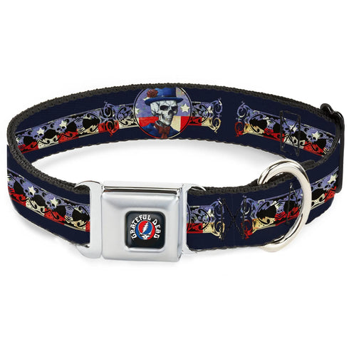 Grateful Dead - GRATEFUL DEAD Text with Steal Your Face Logo Full Color Black Seatbelt Buckle Collar - Grateful Dead Dave's Picks Skeleton Americana Bonus Art - StealieShop