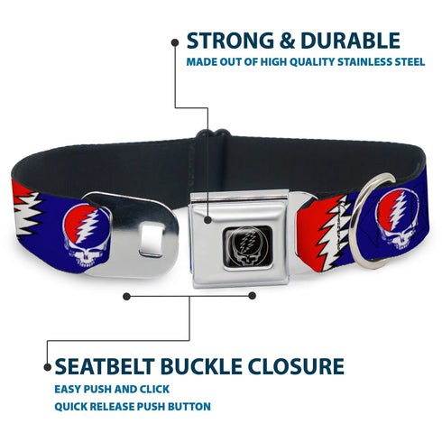 Grateful Dead - Steal Your Face Seatbelt Buckle Collar - Steal Your Face w/Lightning Bolt Repeat Red/White/Blue - StealieShop
