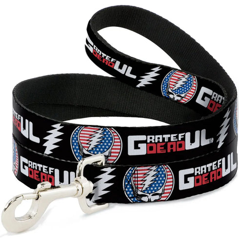 Grateful Dead - Dog Leash - GRATEFUL DEAD Text with Steal Your Face Stars and Stripes Logo Black/White/Red/Blue - StealieShop