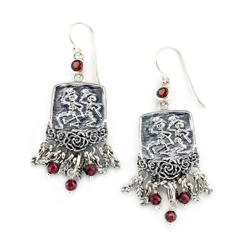 Grateful Dead - Dancing Skeletons Sterling Silver Garnet Drop Earring - StealieShop