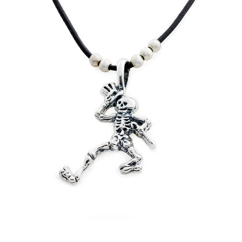 Grateful Dead - Dancing Skeletons Sterling Silver Beads & Thin Leather Necklace - StealieShop