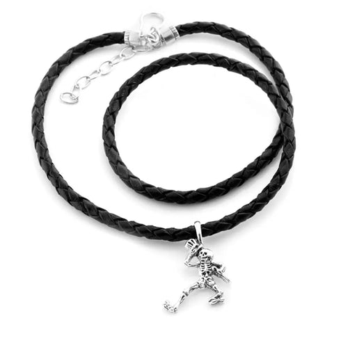 Grateful Dead - Dancing Skeletons Sterling Silver Charm Woven Leather Necklace - StealieShop