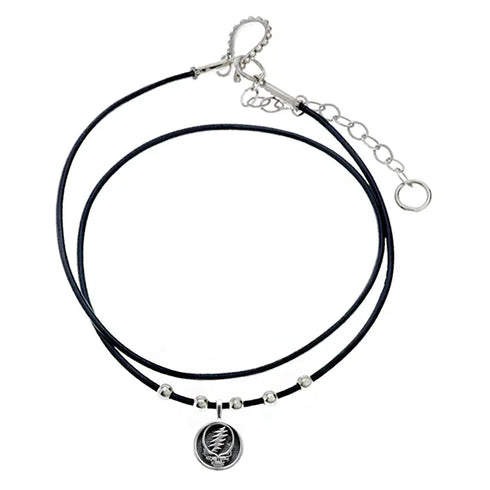 Grateful Dead - Steal Your Face Sterling Silver Beads & Thin Leather Necklace - StealieShop