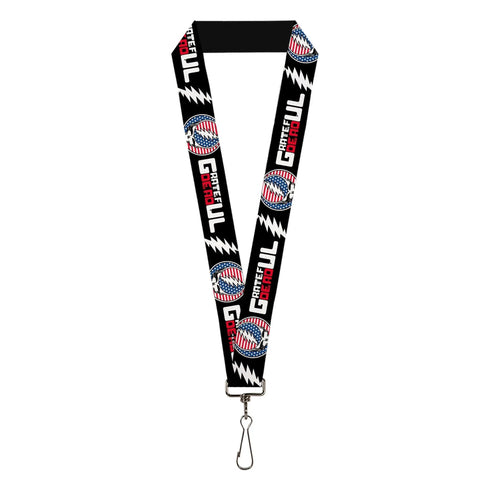 Grateful Dead - Lanyard - 1.0" - GRATEFUL DEAD Text with Steal Your Face Stars and Stripes Logo Black/White/Red/Blue - StealieShop