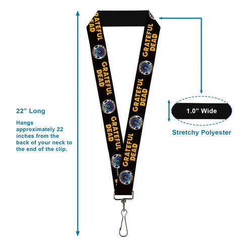 Grateful Dead - Lanyard - 1.0" - GRATEFUL DEAD Text and Skull and Roses Round Logo Black/Yellow - StealieShop