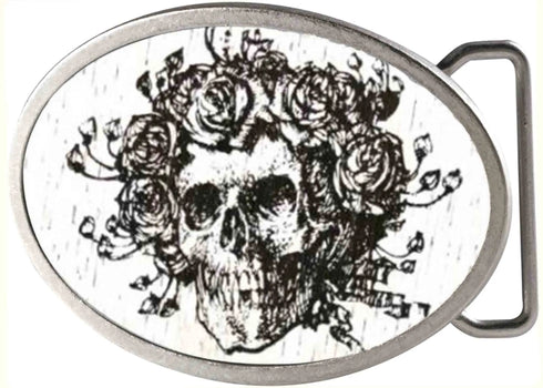 Grateful Dead - Skull & Roses GW White - Matte Oval Rock Star Buckle - StealieShop