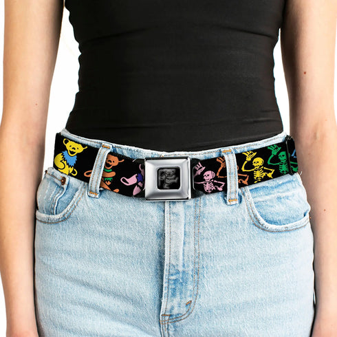 Grateful Dead - Grateful Dead Bear Seatbelt Belt - Grateful Dead Script w/Bears & Skeletons Black/Multi Color Webbing - StealieShop