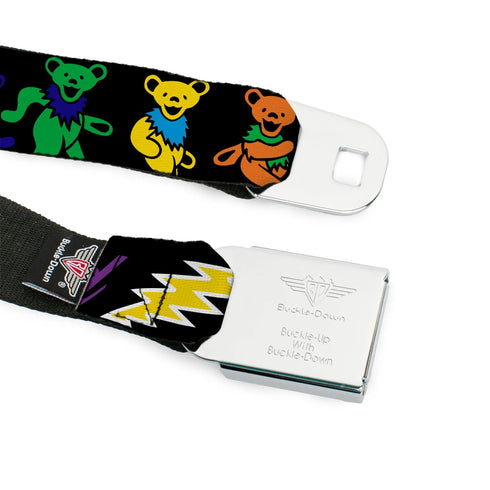 Grateful Dead - Grateful Dead Bear Seatbelt Belt - Grateful Dead Script w/Bears & Skeletons Black/Multi Color Webbing - StealieShop