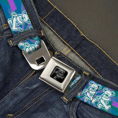 Grateful Dead - Grateful Dead Bear Seatbelt Belt - GRATEFUL DEAD Dancing Bear Trio Rays/Swirl Blues/Purples/Pink/White Webbing - StealieShop