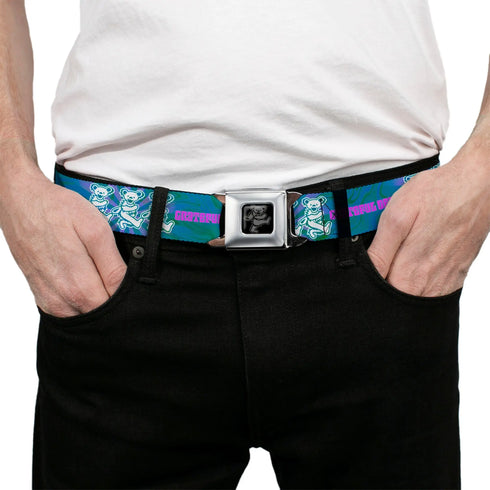Grateful Dead - Grateful Dead Bear Seatbelt Belt - GRATEFUL DEAD Dancing Bear Trio Rays/Swirl Blues/Purples/Pink/White Webbing - StealieShop