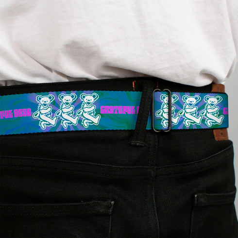 Grateful Dead - Grateful Dead Bear Seatbelt Belt - GRATEFUL DEAD Dancing Bear Trio Rays/Swirl Blues/Purples/Pink/White Webbing - StealieShop