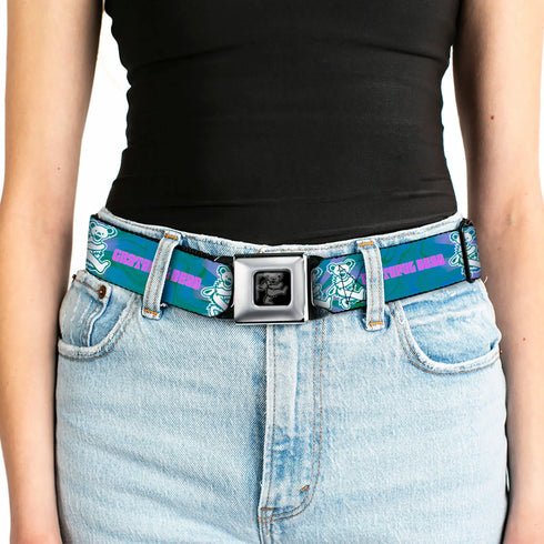 Grateful Dead - Grateful Dead Bear Seatbelt Belt - GRATEFUL DEAD Dancing Bear Trio Rays/Swirl Blues/Purples/Pink/White Webbing - StealieShop